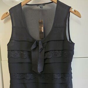 NEW JACOB RUFFLE LACE  TIER BLACK SLEEVELESS TOP WITH SATIN BOW